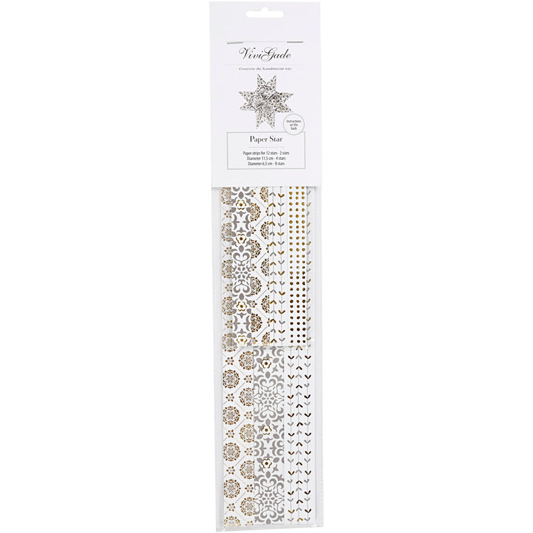 Vivi Gade Papierflechtstreifen, L: 44+78 cm, T 6,5+11,5 cm, B: 15+25 mm, Gold, Weiß, 48 Streifen 1 Box