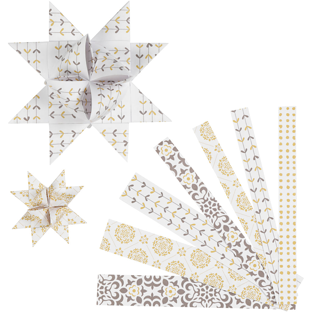 Vivi Gade Papierflechtstreifen, L: 44+78 cm, T 6,5+11,5 cm, B: 15+25 mm, Gold, Weiß, 48 Streifen 1 Box