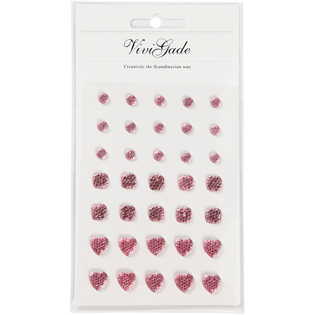 Vivi Gade Strasssteine, rund, quadratisch, Herz, Größe 6+8+10 mm, rosa, 35 Stück 1 Box