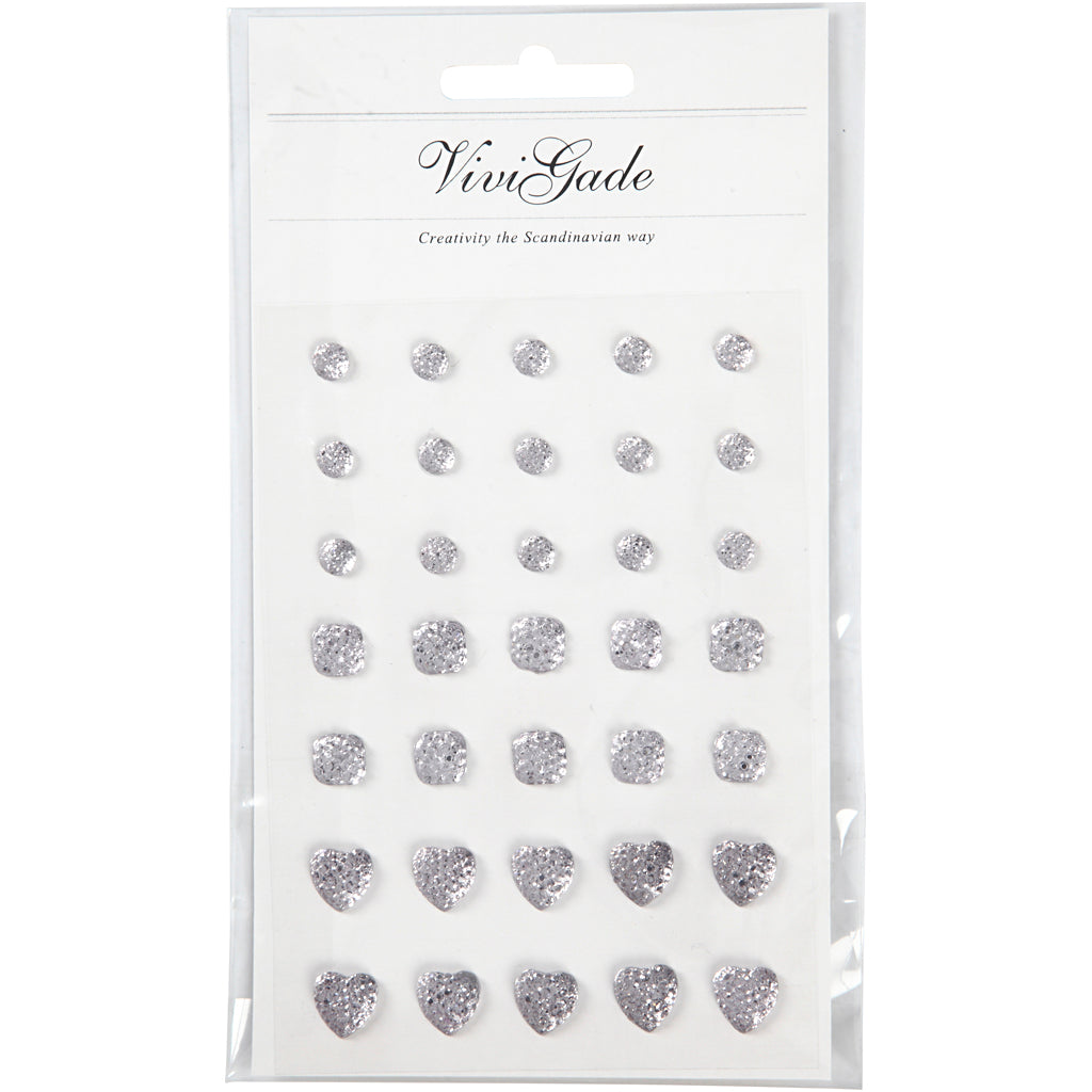 Vivi Gade Strasssteine, rund, quadratisch, Herz, Größe 6+8+10 mm, Silber, 35 Stück 1 Box