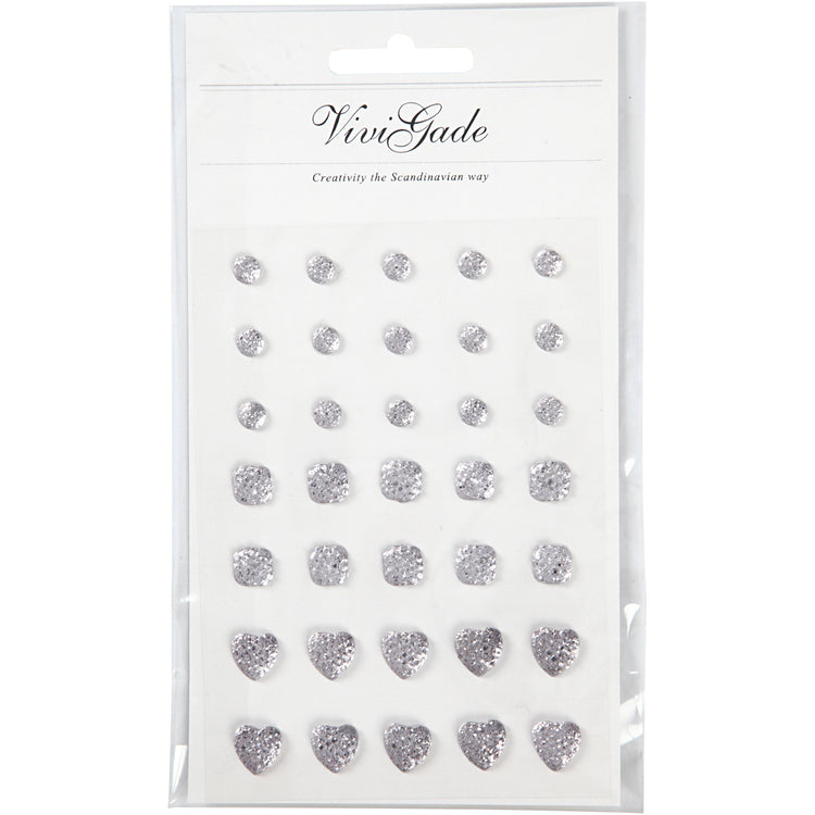 Vivi Gade Strasssteine, rund, quadratisch, Herz, Größe 6+8+10 mm, Silber, 35 Stück 1 Box