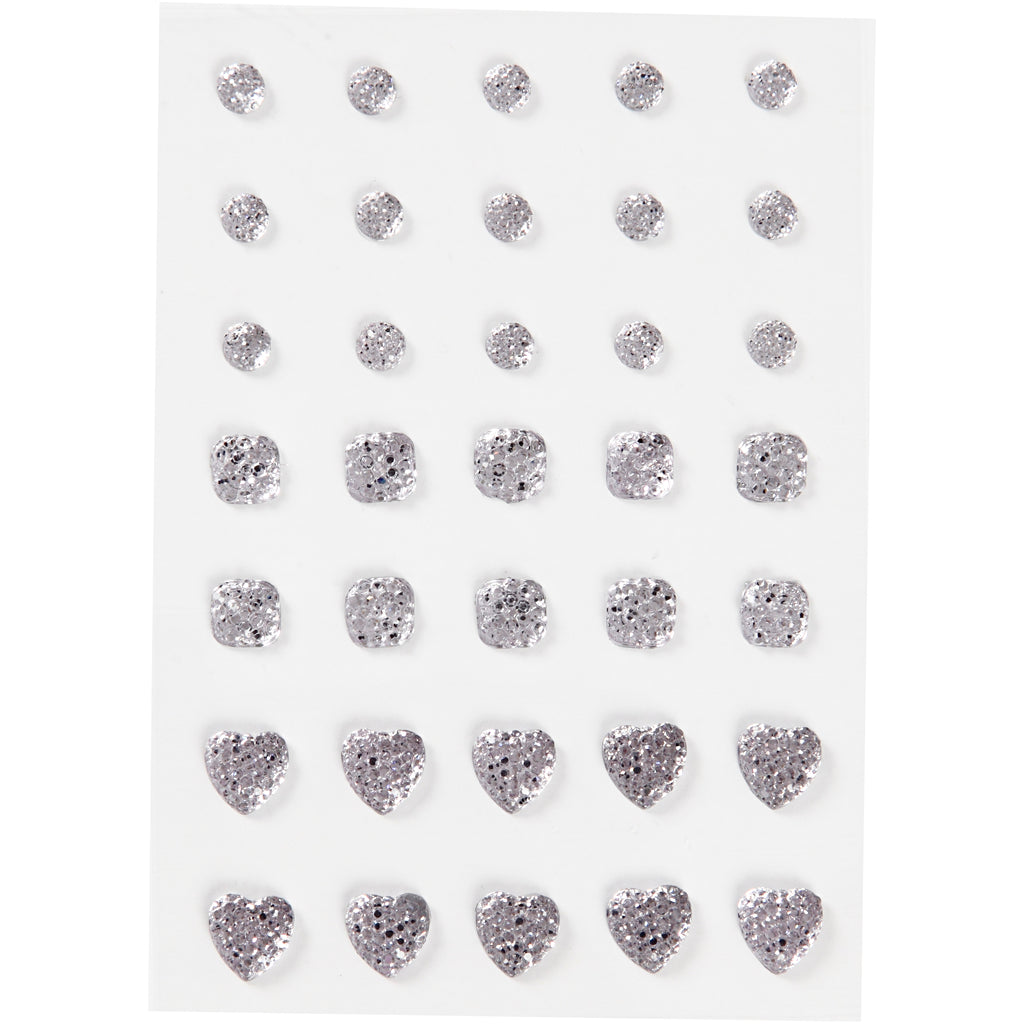Vivi Gade Strasssteine, rund, quadratisch, Herz, Größe 6+8+10 mm, Silber, 35 Stück 1 Box