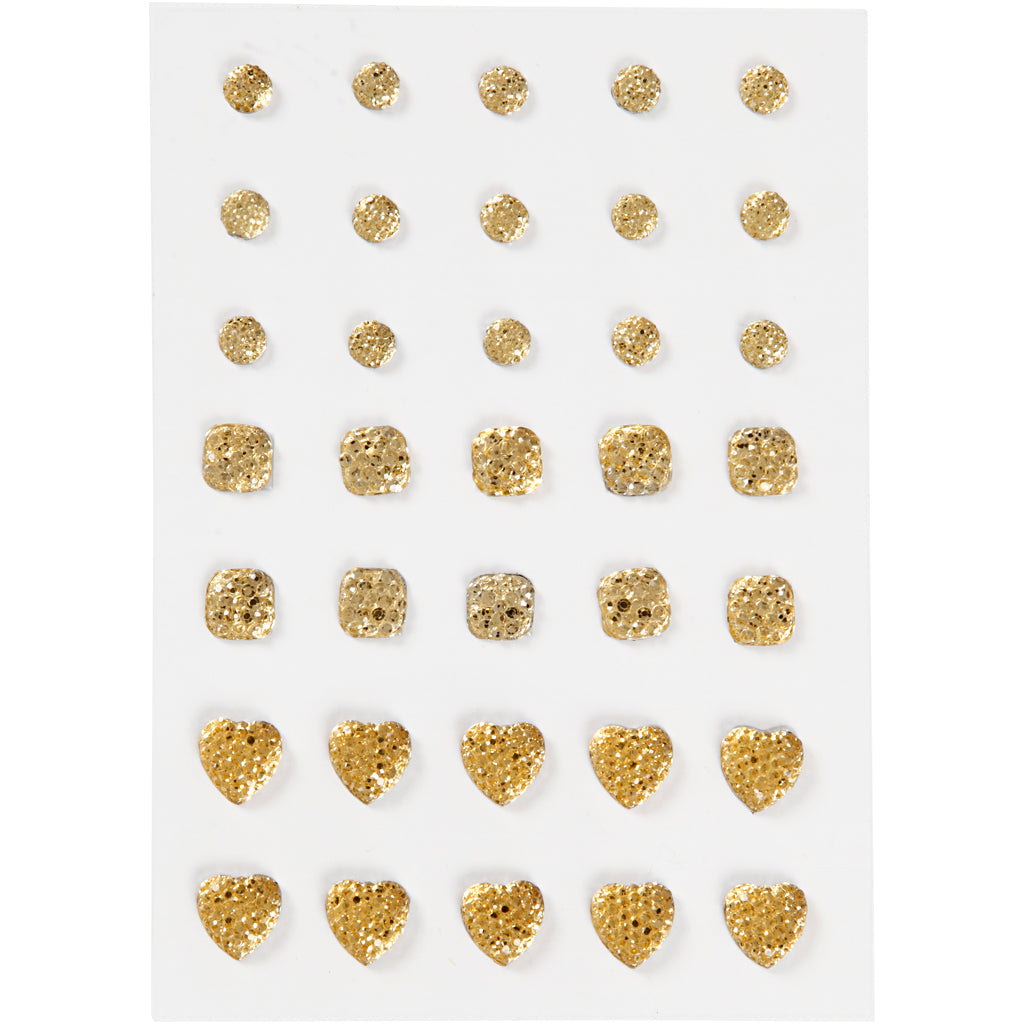 Vivi Gade Strasssteine, rund, quadratisch, Herz, Größe 6+8+10 mm, Gold, 35 Stück 1 Box