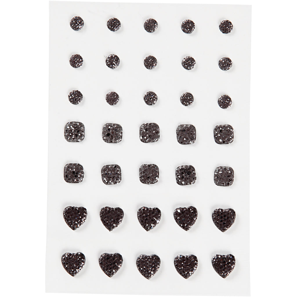 Vivi Gade Strasssteine, rund, quadratisch, Herz, Größe 6+8+10 mm, schwarz, 35 Stück 1 Box