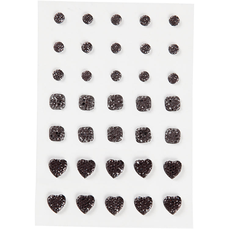 Vivi Gade Strasssteine, rund, quadratisch, Herz, Größe 6+8+10 mm, schwarz, 35 Stück 1 Box