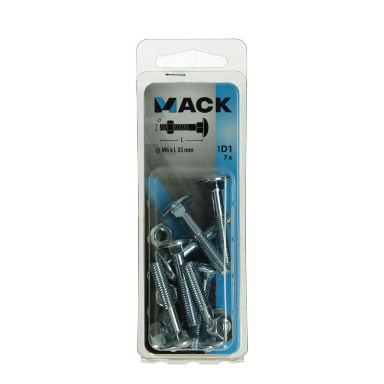 Mack 1017569 – Holzschraube + Mutter aus verzinktem Stahl, 7 Stück, M6 x 35 mm | 5 Stück