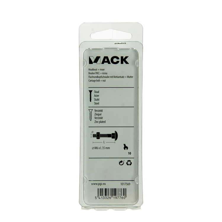 Mack 1017569 – Holzschraube + Mutter aus verzinktem Stahl, 7 Stück, M6 x 35 mm | 5 Stück