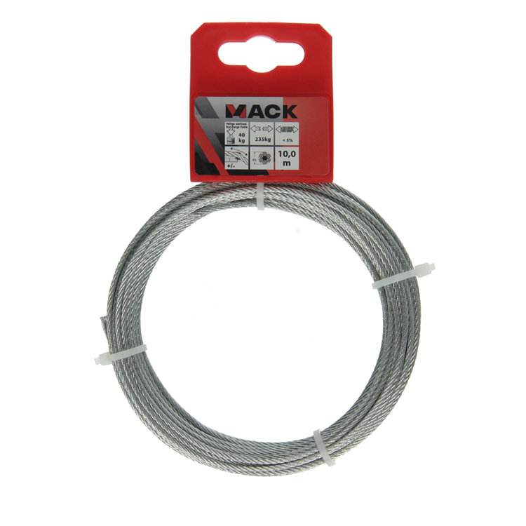 Mack 1013613 – verzinktes Stahlkabel 6 x 7, 10 m, B: 200 kg, 2 mm2 mm, Tragfähigkeit 45 kg, DIN | 10 Stück