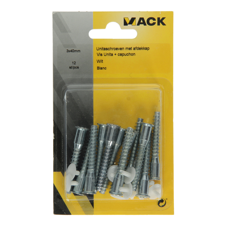 Mack 1013704 - 12 Unita-Schrauben mit Abdeckkappe weiß M 6,3 x 40 mm | 10 Stück