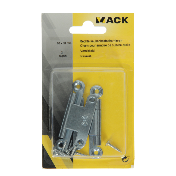 Mack 1013900 – 2 halbverdeckte Schrankscharniere. vernickelt H 66 x B 30 mm | 5 Stück