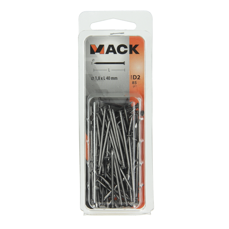 Mack 1017112 – feiner Nagel mit flachem Kopf, 85 g, 1,8 x 40 mm | 5 Stück