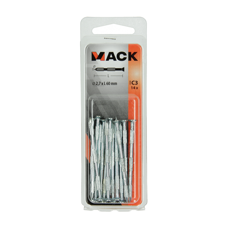 Mack 1017189 – Stahlrippennagel UK St. gehärtet + verzinkt 14 Stück 2,7 x 60 mm | 10 Stück