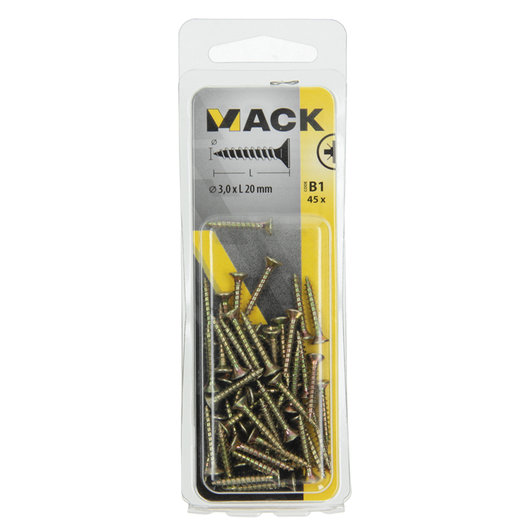 Mack 1017217 - Spanplattenschraube mit Kopf gelb plattiert 45 Stück 3,0 x 20 mm | 10 Stück