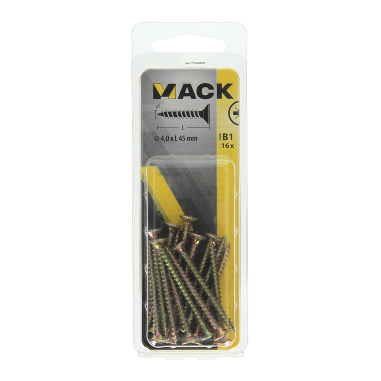 Mack 1017236 - Spanplattenschraube mit Kopf gelb vernickelt 16 Stück 4,0 x 45 mm | 10 Stück