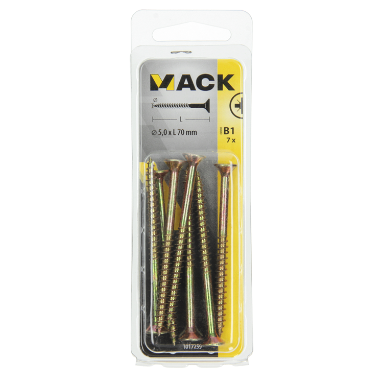 Mack 1017259 – Spanplattenschraube mit Kopf gelb beschichtet. 7 Stück 5,0 x 70 mm | 10 Stück