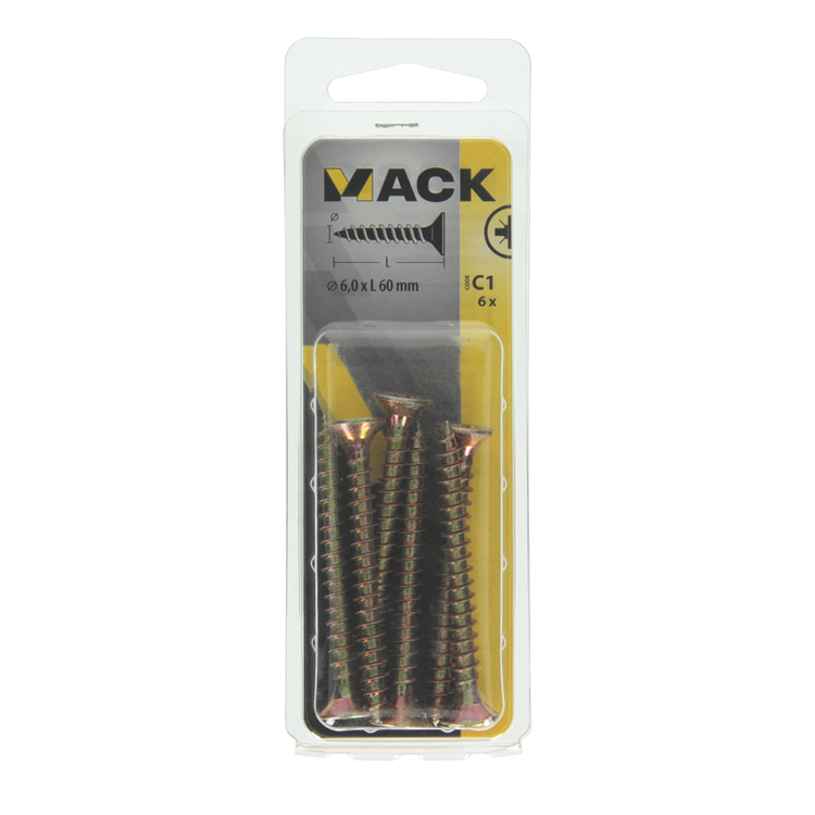 Mack 1017263 – Spanplattenschraube mit Kopf gelb beschichtet. 6 Stück 6,0 x 60 mm | 10 Stück