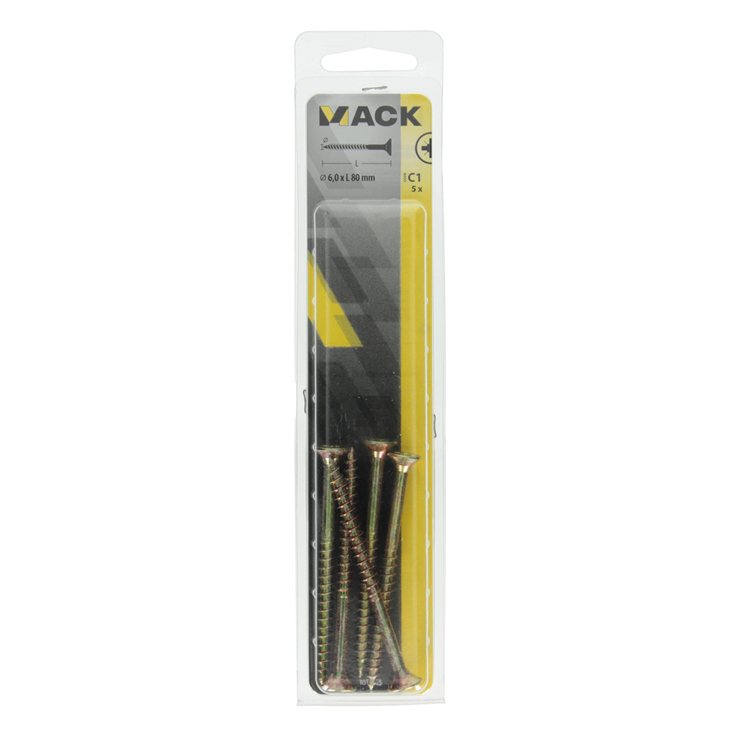 Mack 1017265 – Spanplattenschraube mit Kopf gelb beschichtet. 5 Stück 6,0 x 80 mm | 5 Stück