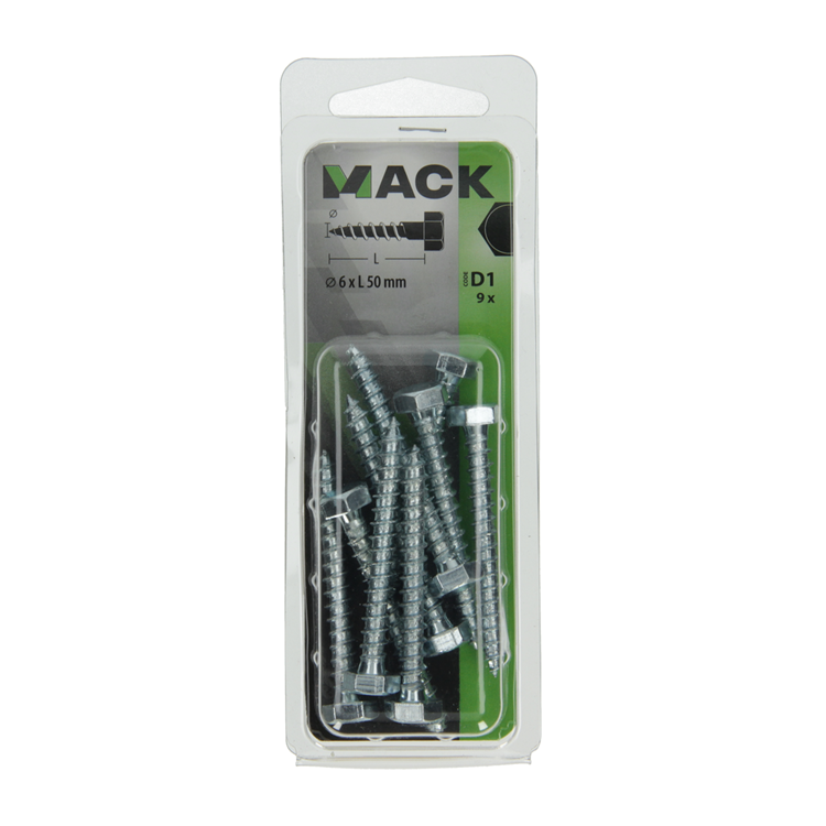 Mack 1017405 - Holzgewindebolzen Stahl verzinkt 9 Stück 6 x 50 mm | 10 Stück