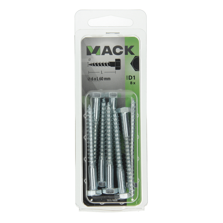Mack 1017406 - Holzgewindebolzen Stahl verzinkt 8 Stück 6 x 60 mm | 10 Stück