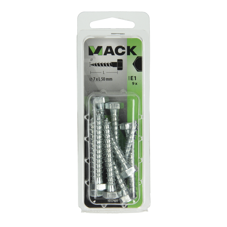 Mack 1017409 - Holzgewindebolzen Stahl verzinkt 9 Stück 7 x 50 mm | 5 Stück