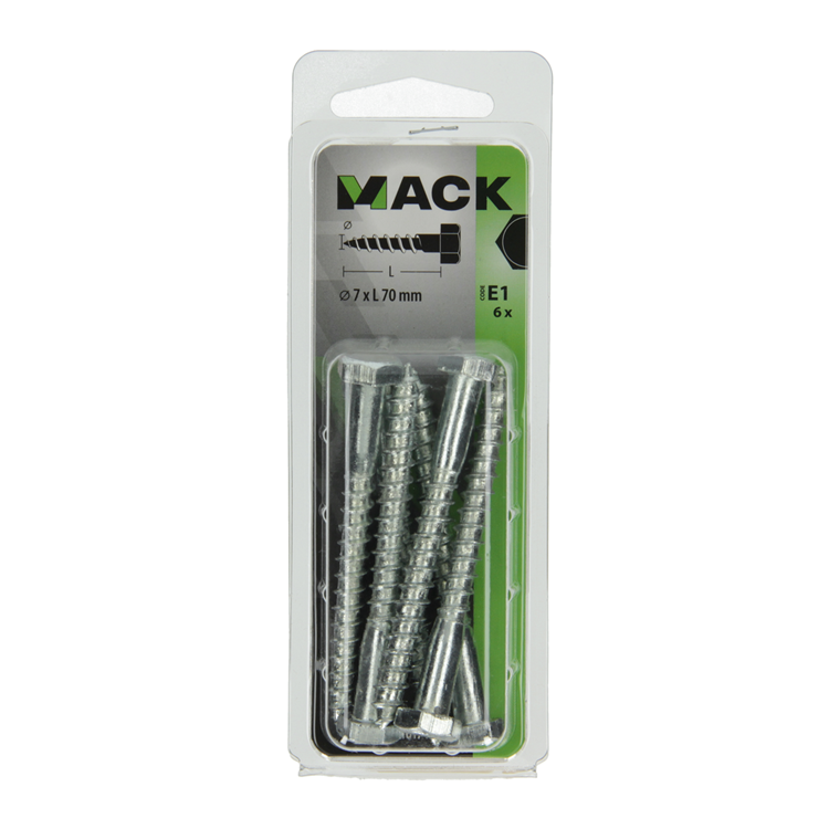 Mack 1017411 - Holzgewindebolzen Stahl verzinkt 6 Stück 7 x 70 mm | 5 Stück