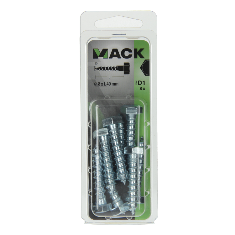 Mack 1017414 - Holzgewindebolzen Stahl verzinkt 8 Stück 8 x 40 mm | 5 Stück