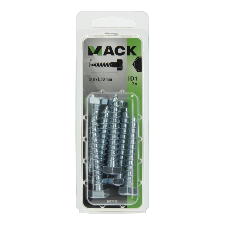 Mack 1017415 - Holzgewindebolzen Stahl verzinkt 7 Stück 8 x 50 mm | 5 Stück