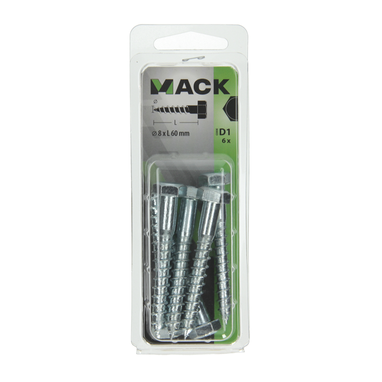 Mack 1017416 - Holzgewindebolzen Stahl verzinkt 6 Stück 8 x 60 mm | 5 Stück