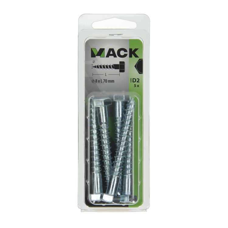 Mack 1017417 - Holzgewindebolzen Stahl verzinkt 5 Stück 8 x 70 mm | 5 Stück