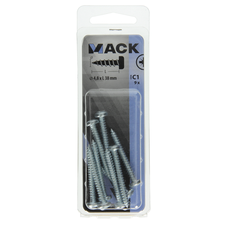 Mack 1017454 - selbstschneidende Schraube Zyl. Kopf verzinkt 9 Stück 4,8 x 38 mm | 10 Stück