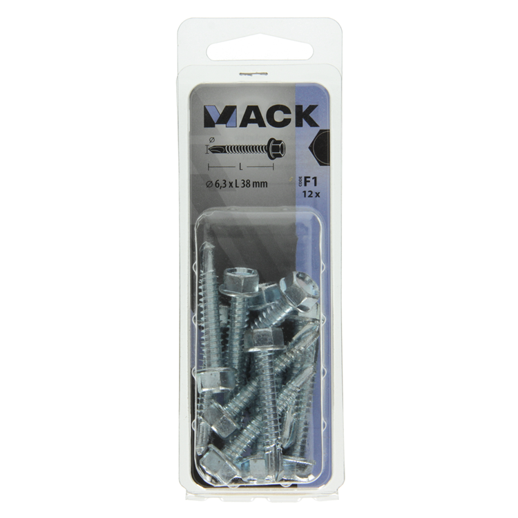 Mack 1017481 – selbstbohrende Sechskantschraube. Kopf verzinkt. 12 Stück 6,3 x 38 mm | 5 Stück
