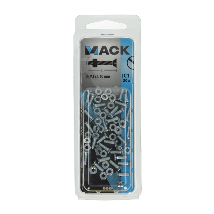 Mack 1017488 – Metallschraube verzinkt. Kopf + Mutter plattiert 30 Stück m3 x 10 mm | 10 Stück