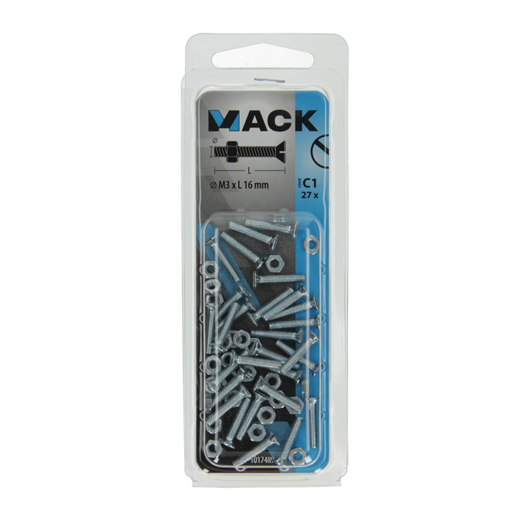 Mack 1017489 – Metallschraube verzinkt. Kopf + Mutter plattiert 27 Stück M3 x 16 mm | 10 Stück
