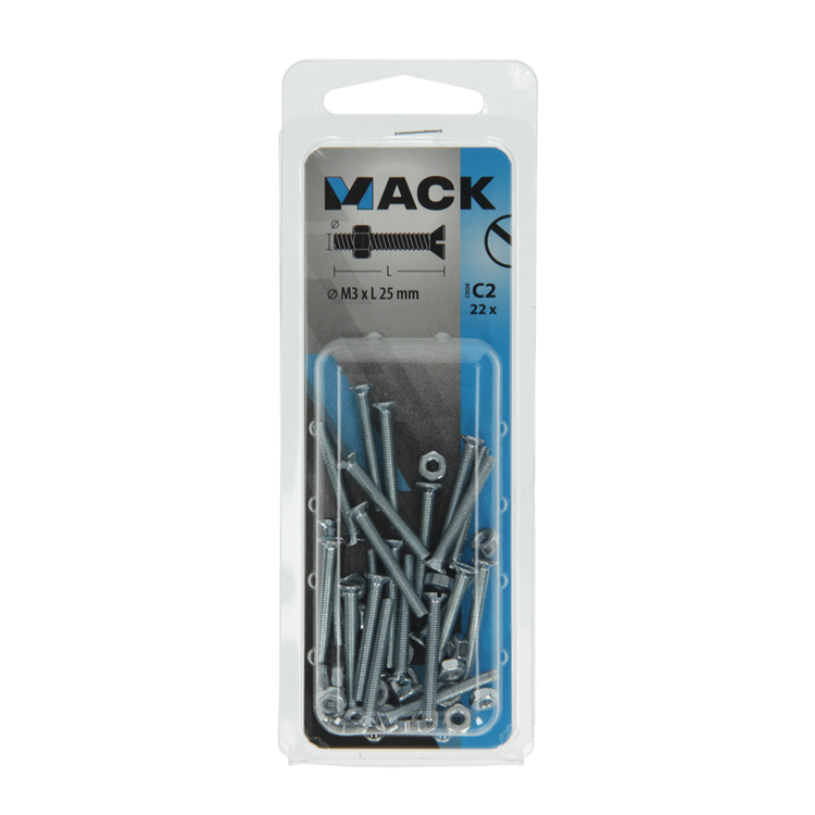 Mack 1017490 – Metallschraube verzinkt. Kopf + Mutter plattiert 22 Stück M3 x 25 mm | 10 Stück