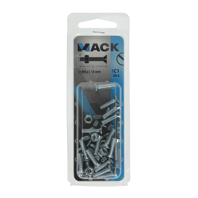 Mack 1017491 – Metallschraube verzinkt. Kopf + Mutter plattiert 20 Stück M4 x 16 mm | 10 Stück