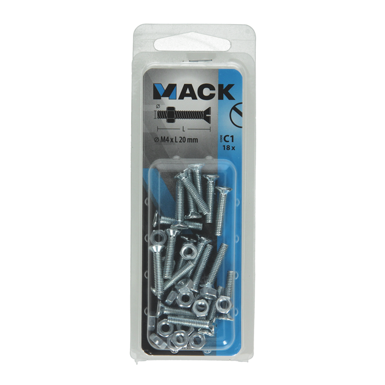 Mack 1017492 – Metallschraube verzinkt. Kopf + Mutter plattiert 18 Stück M4 x 20 mm | 10 Stück