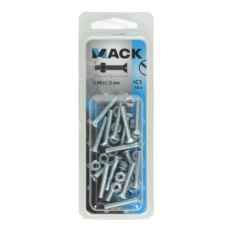 Mack 1017493 – Metallschraube verzinkt. Kopf + Mutter plattiert 16 Stück M4 x 25 mm | 10 Stück