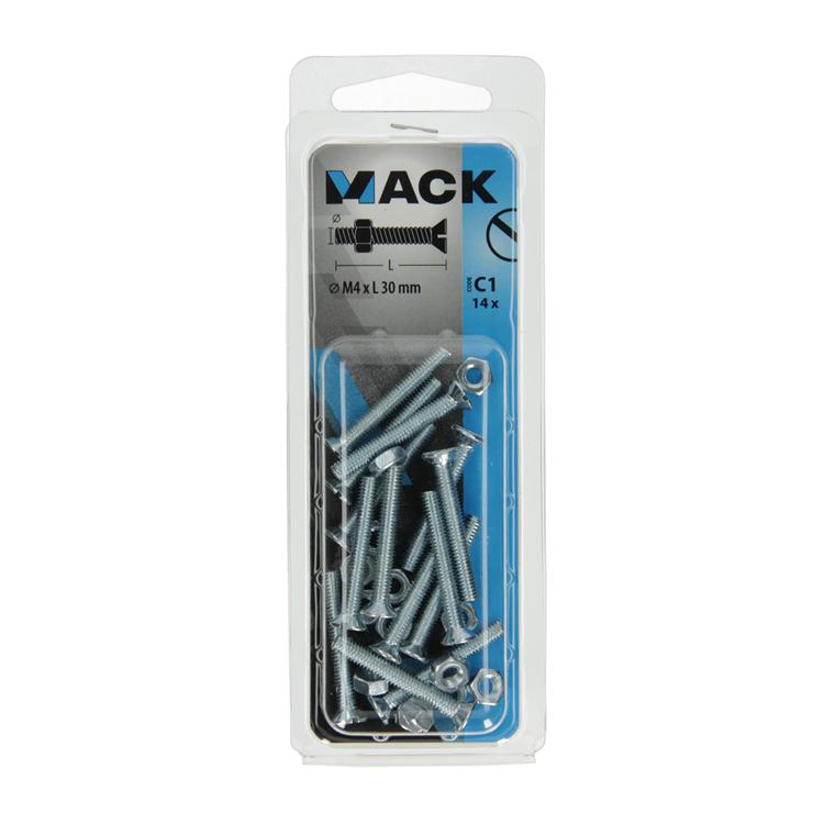 Mack 1017494 – Metallschraube verzinkt. Kopf + Mutter plattiert 14 Stück M4 x 30 mm | 10 Stück