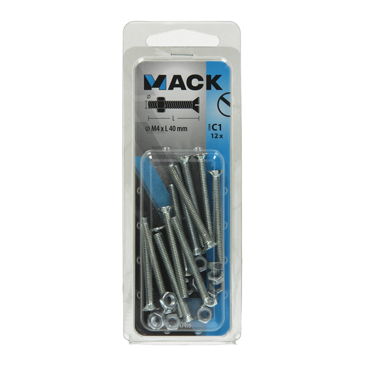 Mack 1017495 – Metallschraube verzinkt. Kopf + Mutter plattiert 12 Stück M4 x 40 mm | 10 Stück