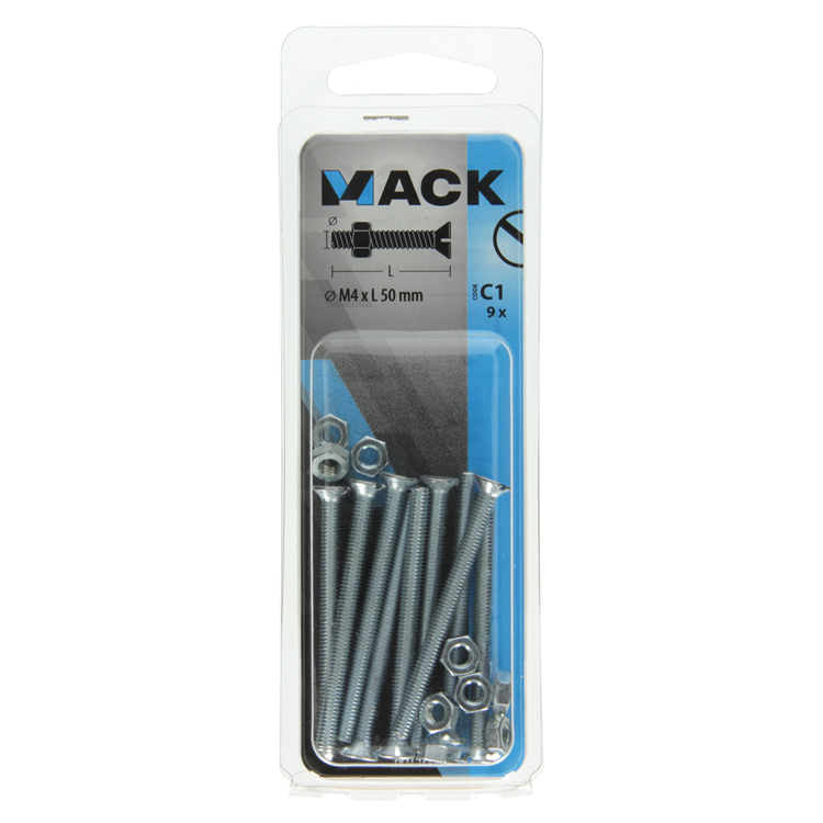 Mack 1017496 – Metallschraube verzinkt. Kopf + Mutter plattiert 9 Stück M4 x 50 mm | 10 Stück