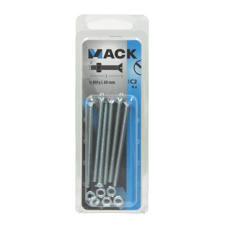 Mack 1017497 – Metallschraube verzinkt. Kopf + Mutter plattiert 6 Stück M4 x 60 mm | 10 Stück