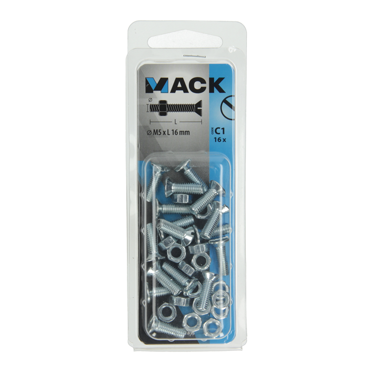 Mack 1017499 – Metallschraube verzinkt. Kopf + Mutter plattiert 16 Stück M5 x 16 mm | 10 Stück