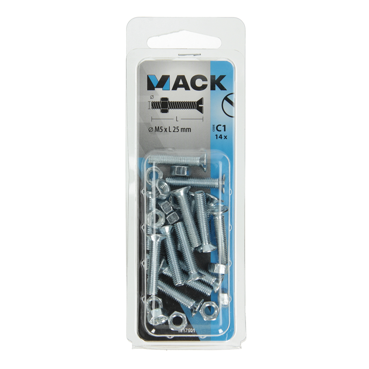 Mack 1017501 – Metallschraube verzinkt. Kopf + Mutter plattiert 14 Stück m5 x 25 mm | 10 Stück