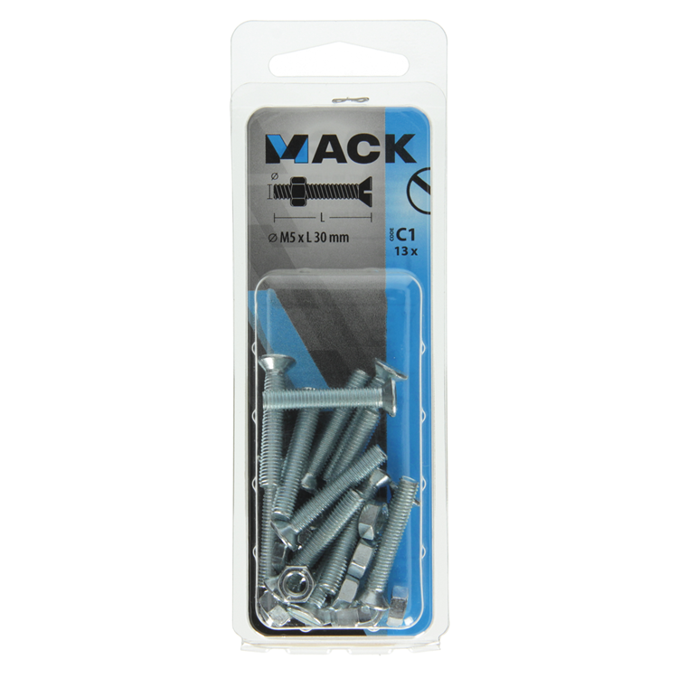 Mack 1017502 – Metallschraube verzinkt. Kopf + Mutter plattiert 13 Stück M5 x 30 mm | 10 Stück