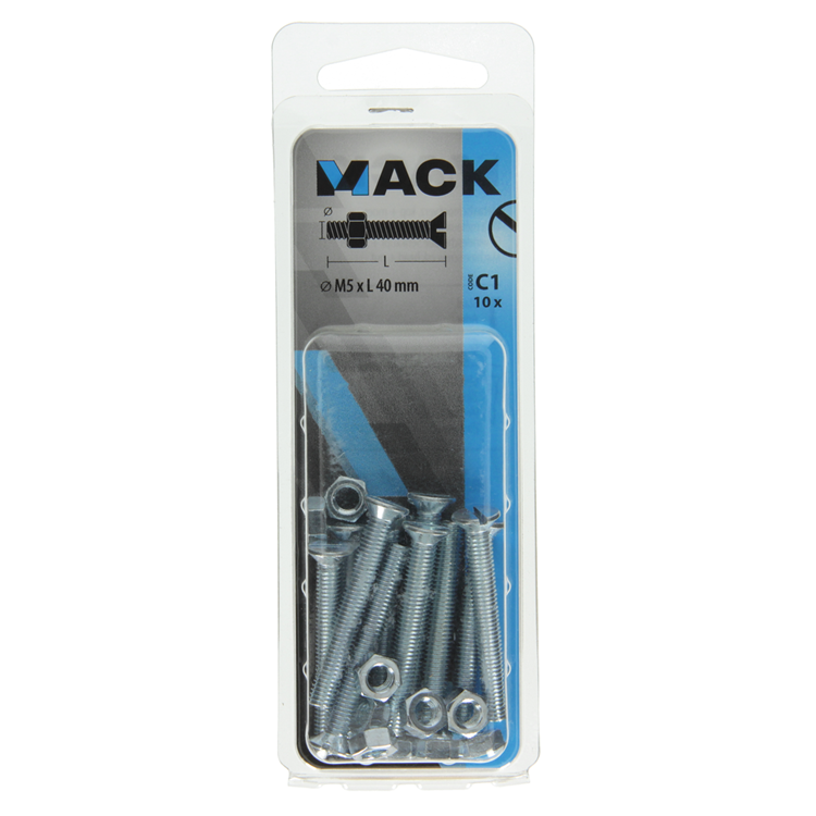 Mack 1017503 – Metallschraube verzinkt. Kopf + Mutter plattiert 10 Stück m5 x 40 mm | 10 Stück