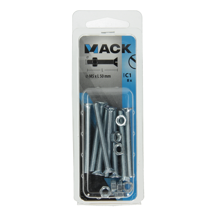 Mack 1017504 – Metallschraube verzinkt. Kopf + Mutter plattiert 8 Stück M5 x 50 mm | 10 Stück