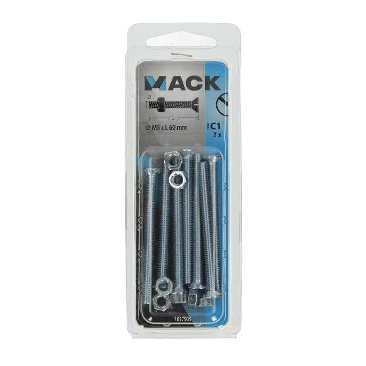 Mack 1017505 – Metallschraube verzinkt. Kopf + Mutter plattiert 7 Stück M5 x 60 mm | 10 Stück