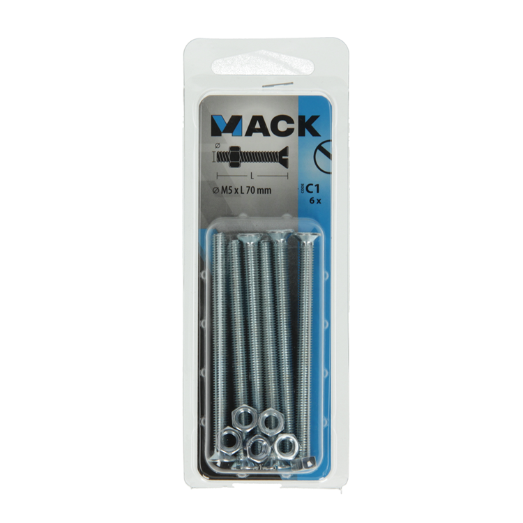 Mack 1017506 – Metallschraube verzinkt. Kopf + Mutter plattiert 6 Stück M5 x 70 mm | 10 Stück