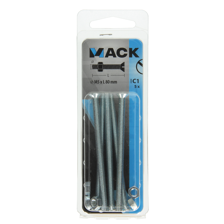 Mack 1017507 – Metallschraube verzinkt. Kopf + Mutter plattiert 5 Stück M5 x 80 mm | 10 Stück