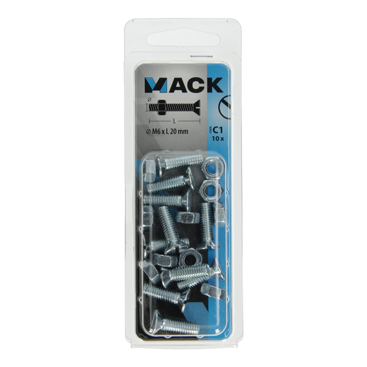 Mack 1017508 – Metallschraube verzinkt. Kopf + Mutter plattiert 10 Stück m6 x 20 mm | 10 Stück